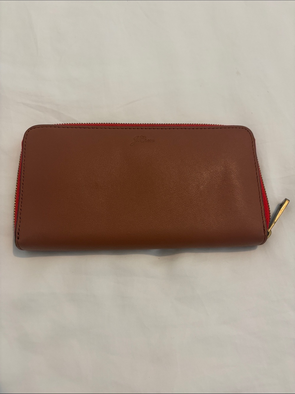 J. Crew Brown Leather Zip-Around Wallet with Red Zip Trim